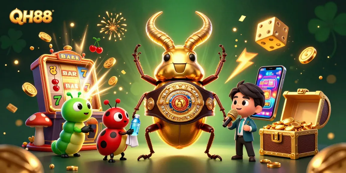 Experience the thrill of QH88 gaming with a whimsical 3D illustration featuring vibrant casino elements and striking characters.