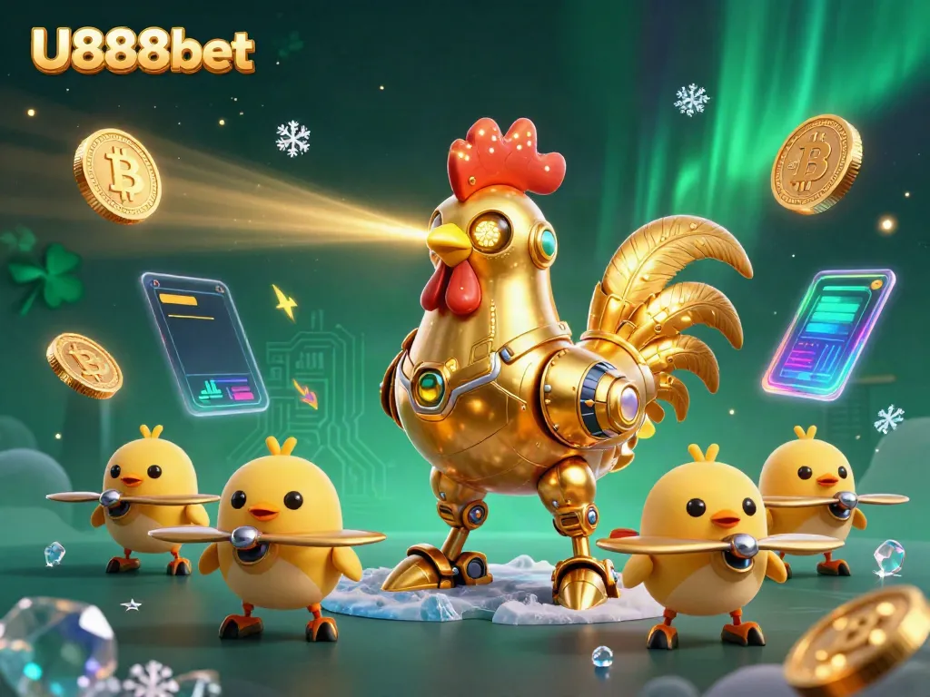 Experience thrilling gaming at U888bet with a dynamic scene featuring futuristic characters and cryptocurrency elements.