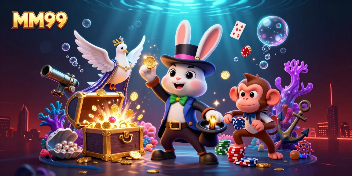 Experience the thrill of MM99 with vibrant 3D casino magic featuring a rabbit, dove, and monkey.
