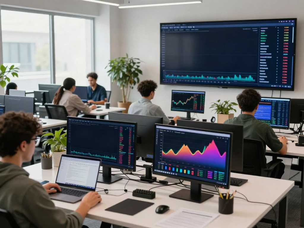 金融数据API平台 environment showcasing diverse traders analyzing cryptocurrency charts and DeFi platforms.