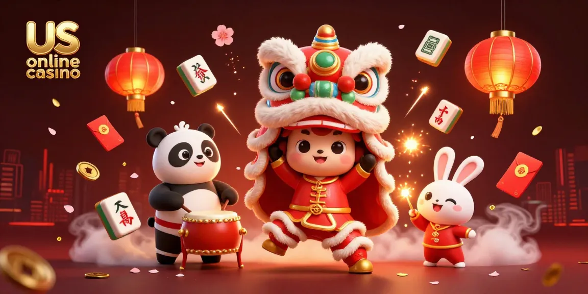 Experience the thrill at us online casino with vibrant lion dance and celebratory gaming elements.