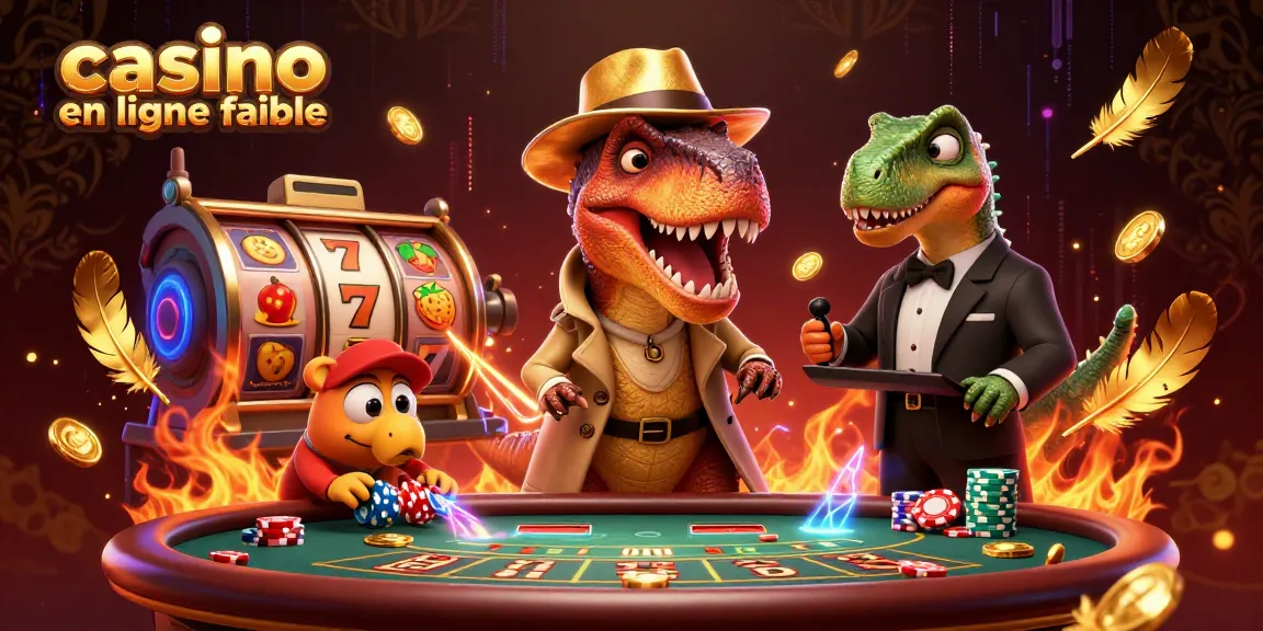 Illustration dynamique d'un velociraptor comptant des cartes dans un casino en ligne fiable, entouré d'éléments de jeu et de richesses.