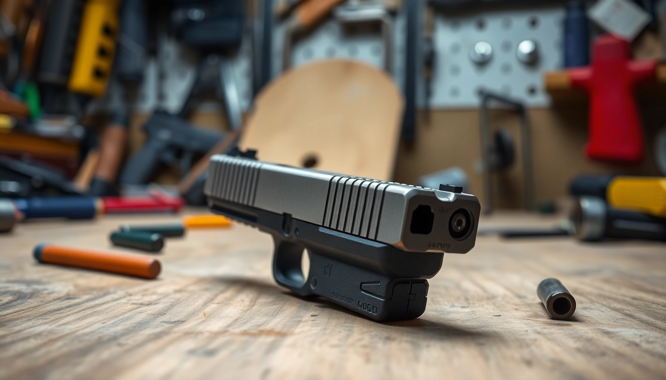 Showcasing a glock 19 gen 3 slide in a detailed environment with tools and natural lighting.