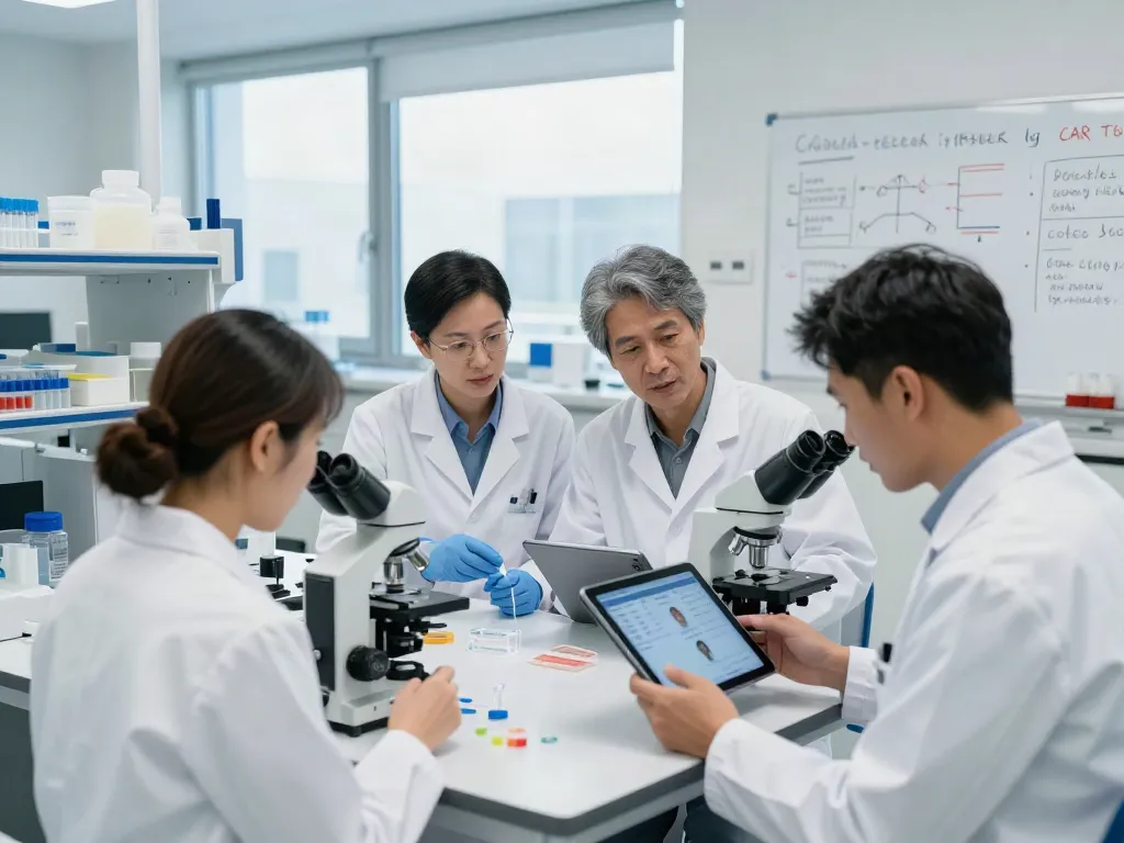 CAR T-cell therapy research in a modern oncology lab with scientists analyzing data and samples.