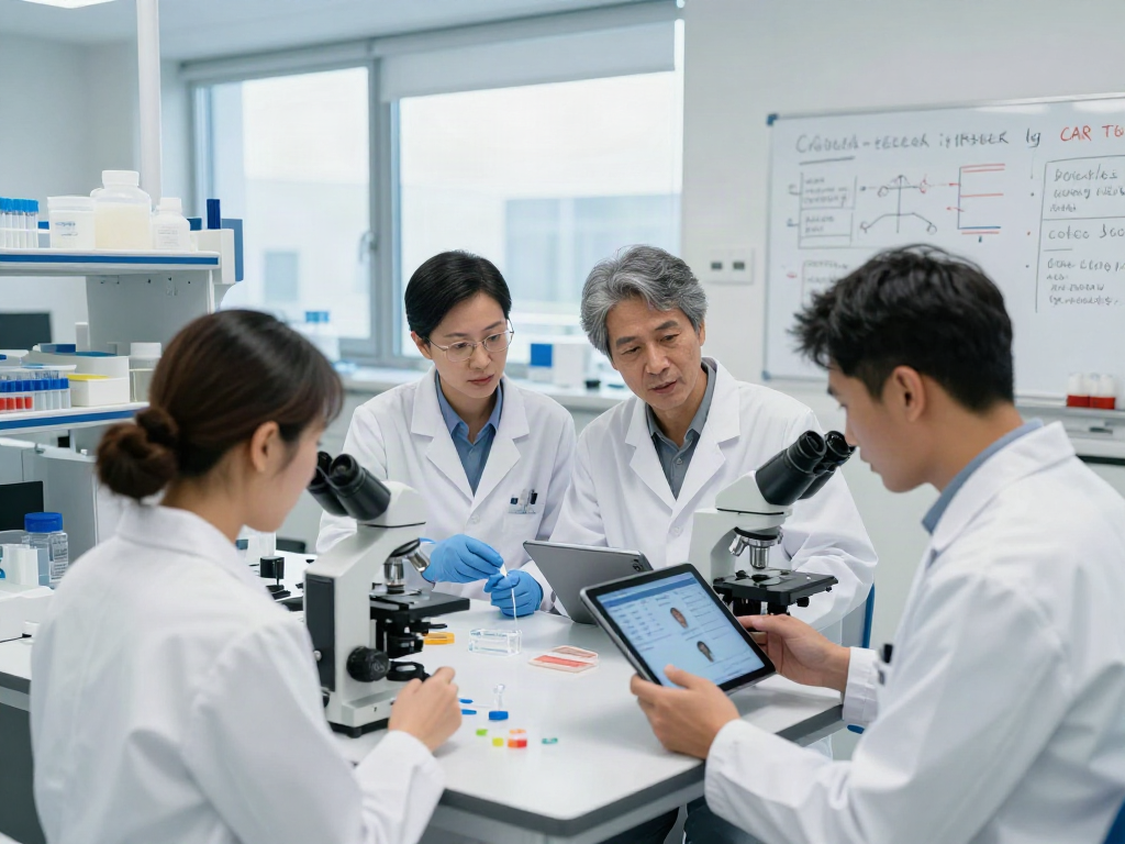 CAR T-cell therapy research in a modern oncology lab with scientists analyzing data and samples.