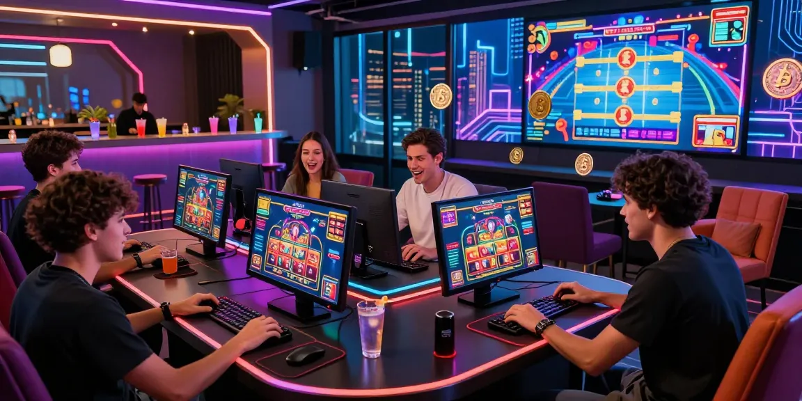 Players immersed in a crypto casino experience with neon lights and interactive gaming screens.