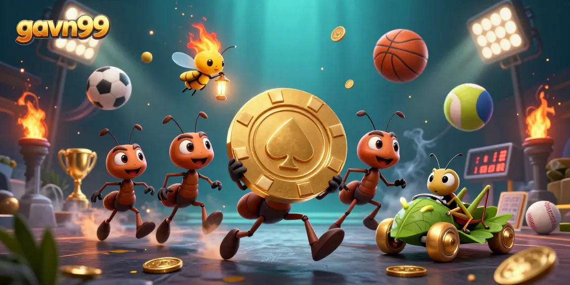 Engage with gavn99 as 3D cartoon ants carry a giant poker chip during a heist underground.