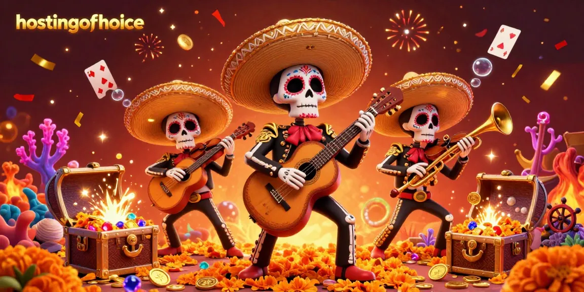 Experience vibrant gambling fun with hostingofchoice featuring a lively mariachi band in a colorful casino-themed illustration.