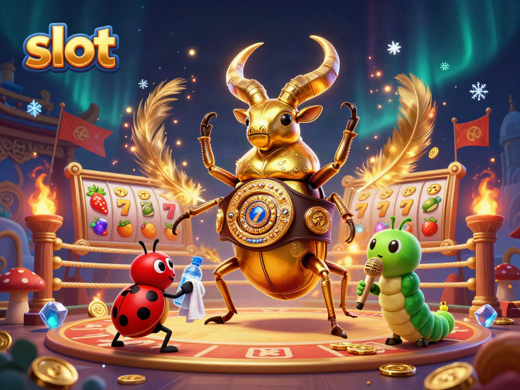 Slot yang menampilkan karakter serangga dalam arena pertarungan menarik dengan efek dramatis.