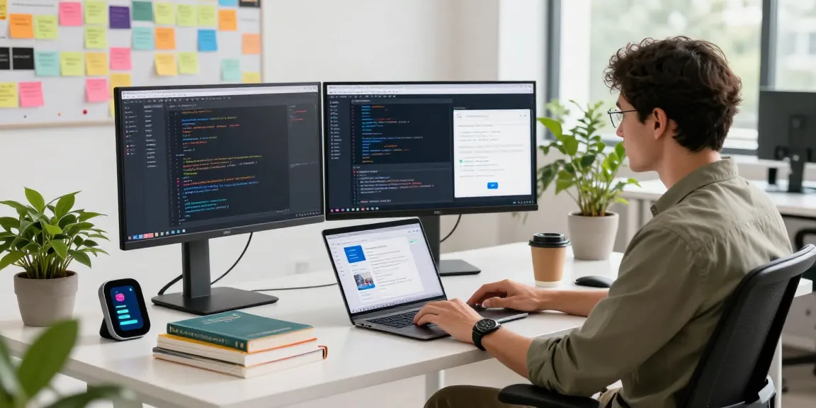 Build internal tools with AI in a modern workspace featuring a developer coding at a standing desk, emphasizing productivity.