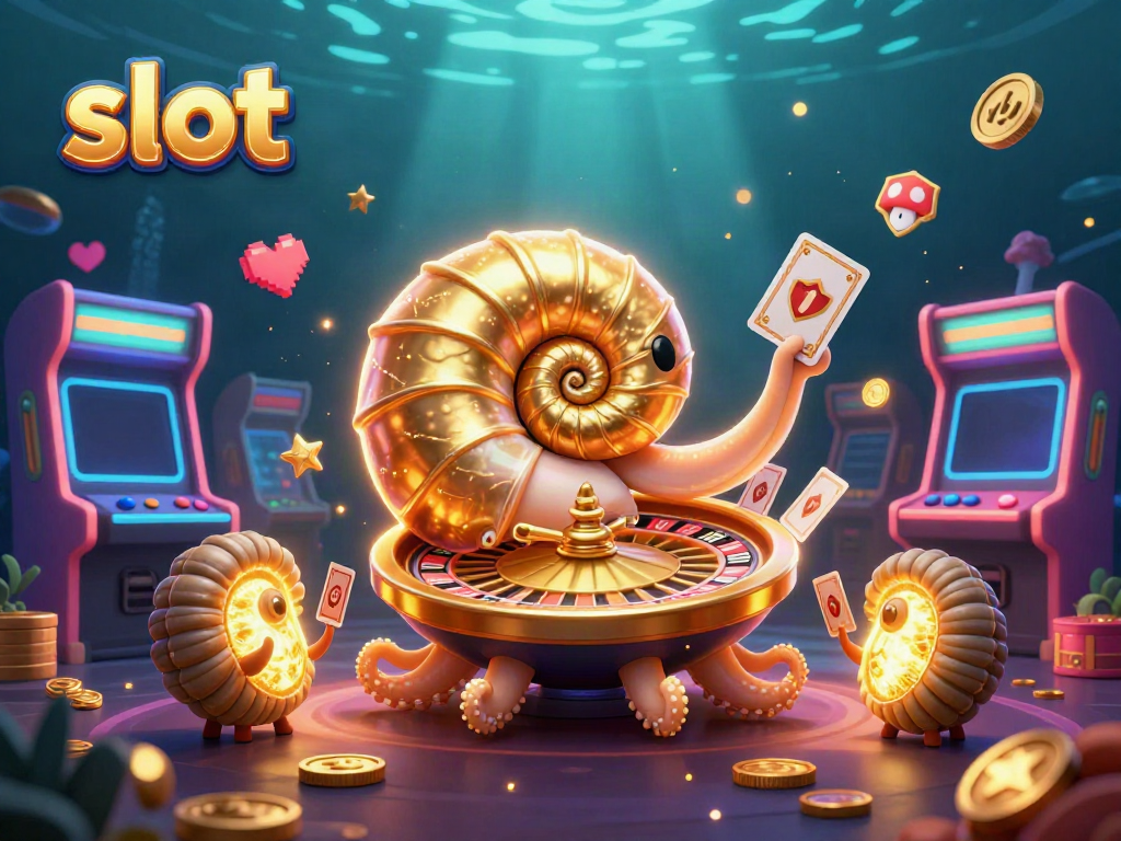 Memenangkan permainan slot gacor dengan karakter nautilus 3D kuno yang memegang kartu, dipenuhi elemen perjudian yang berkilauan.