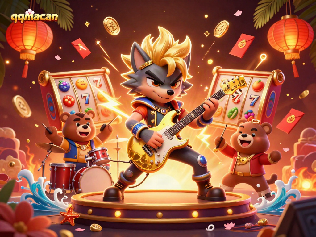 Experience thrilling gameplay with qqmacan, showcasing a vibrant casino scene filled with slot reels and rock star elements.