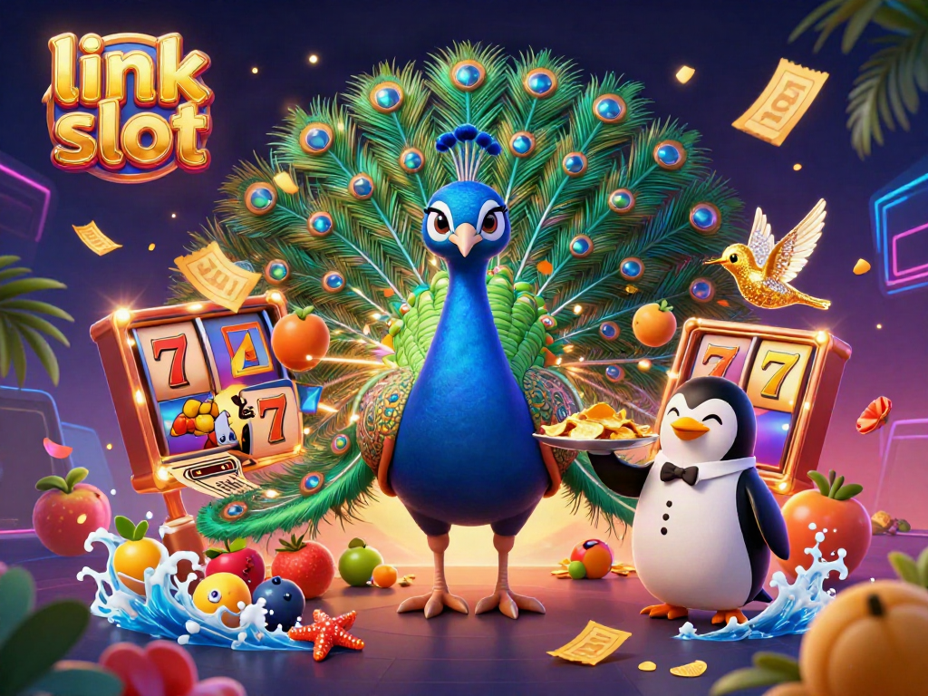 Menghadirkan permainan slot yang menarik dengan slot reels, simbol lucky 7, dan jackpot dalam ilustrasi 3D yang kaya warna.