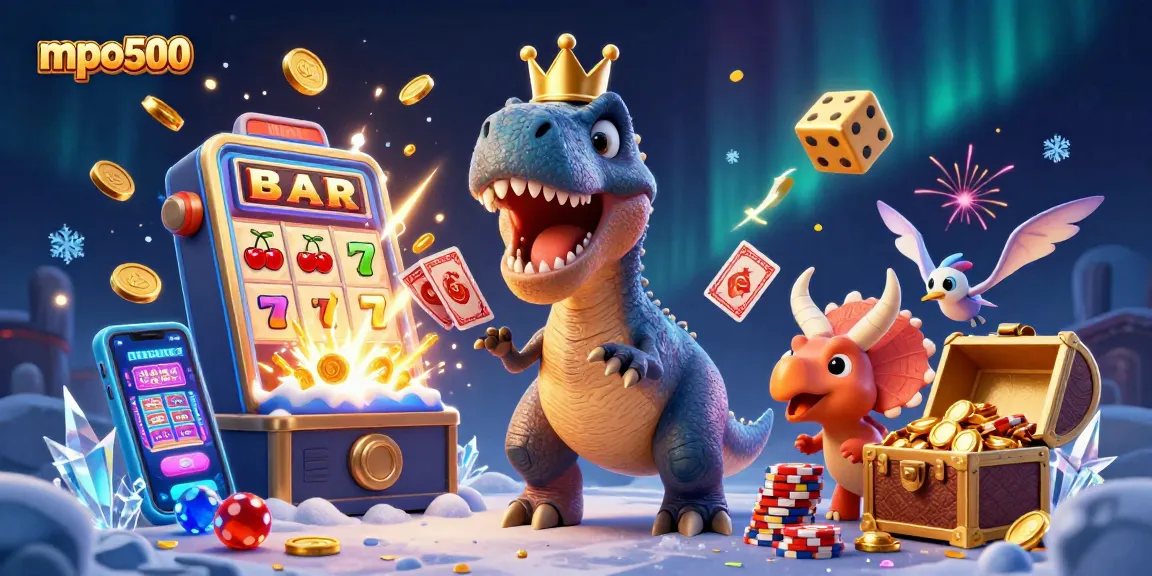 Experience the excitement of mpo500 with a playful T-Rex card shuffling and a baby triceratops stacking chips.