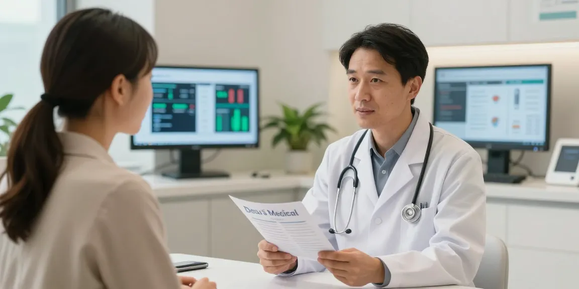 Deus Medical healthcare professional consulting patient in modern clinic atmosphere.