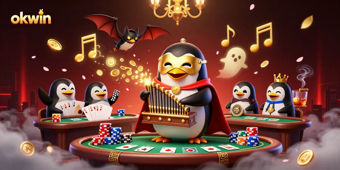 OkWin casino illustration shows a penguin playing the organ with golden coins, creating an engaging gambling atmosphere.