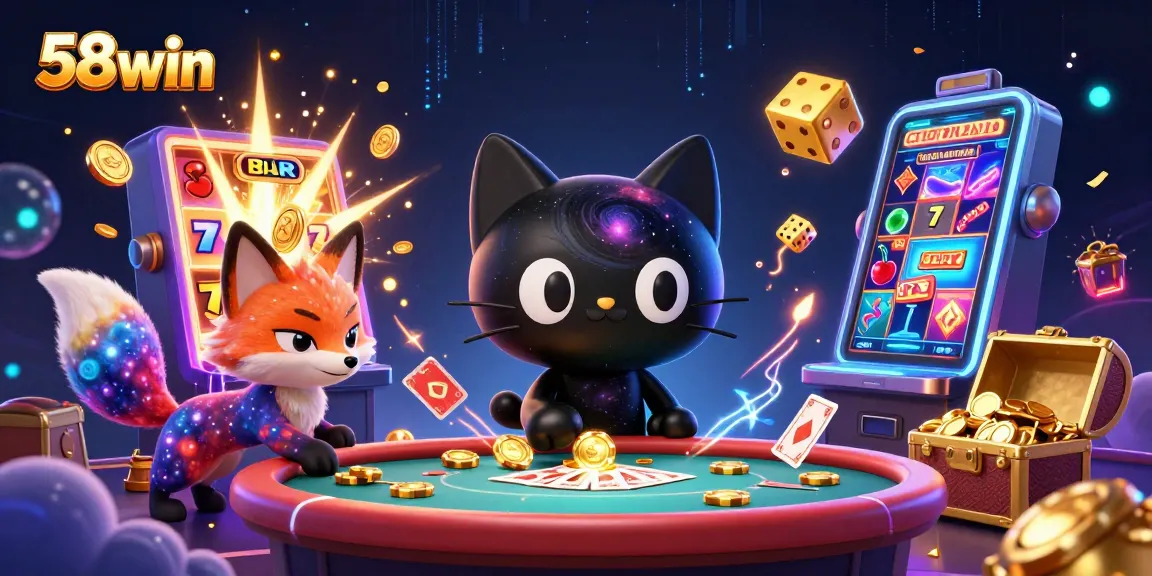 Experience excitement at 58win with a cosmic casino scene featuring unique characters and vibrant gaming elements.