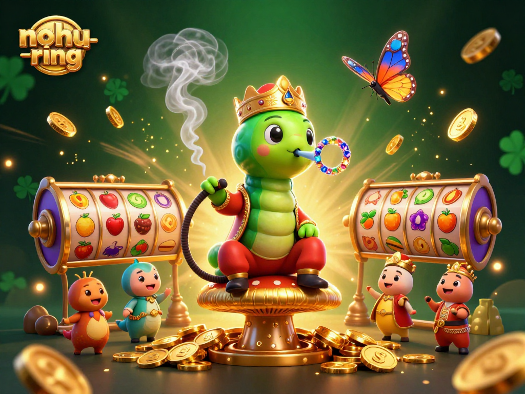 Noh-ring slot game illustration with a caterpillar blowing smoke rings while golden jackpots sparkle.