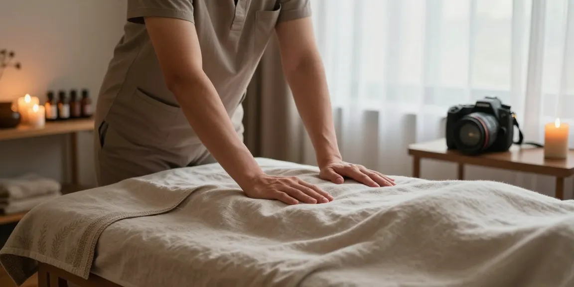 스웨디시 마사지가 준비된 아늑한 치료실의 모습, 마사지에 필요한 소품과 조명으로 편안한 분위기 연출