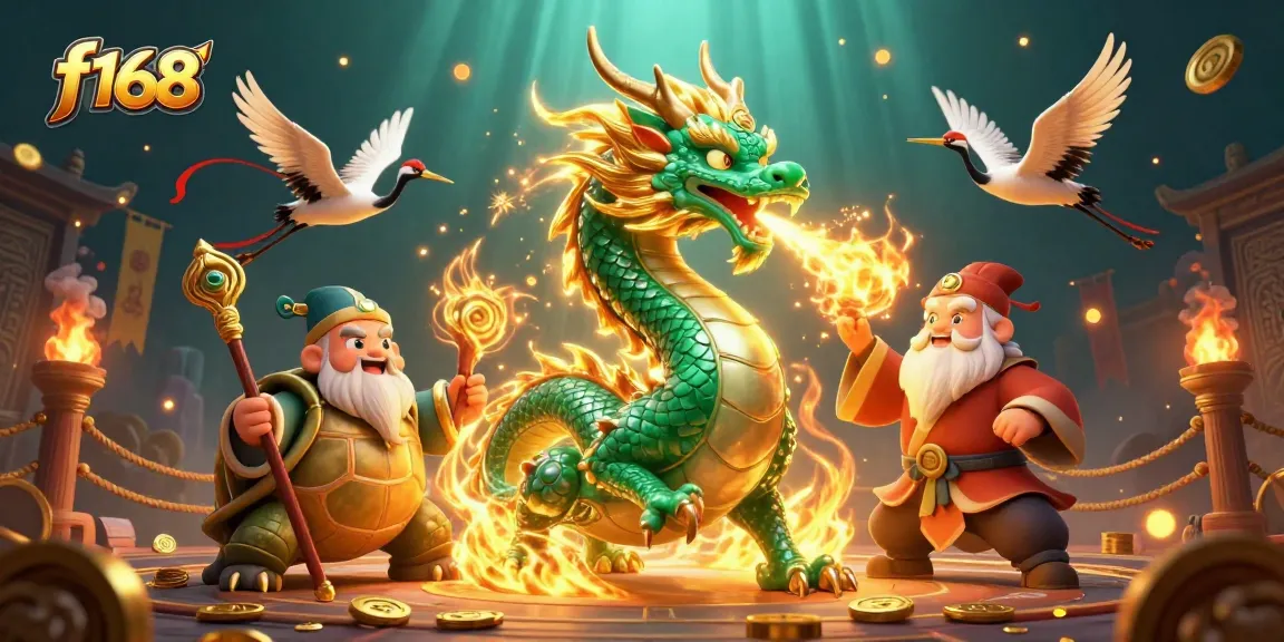 Experience f168's epic gaming scene with vibrant mythical creatures and exciting casino elements.