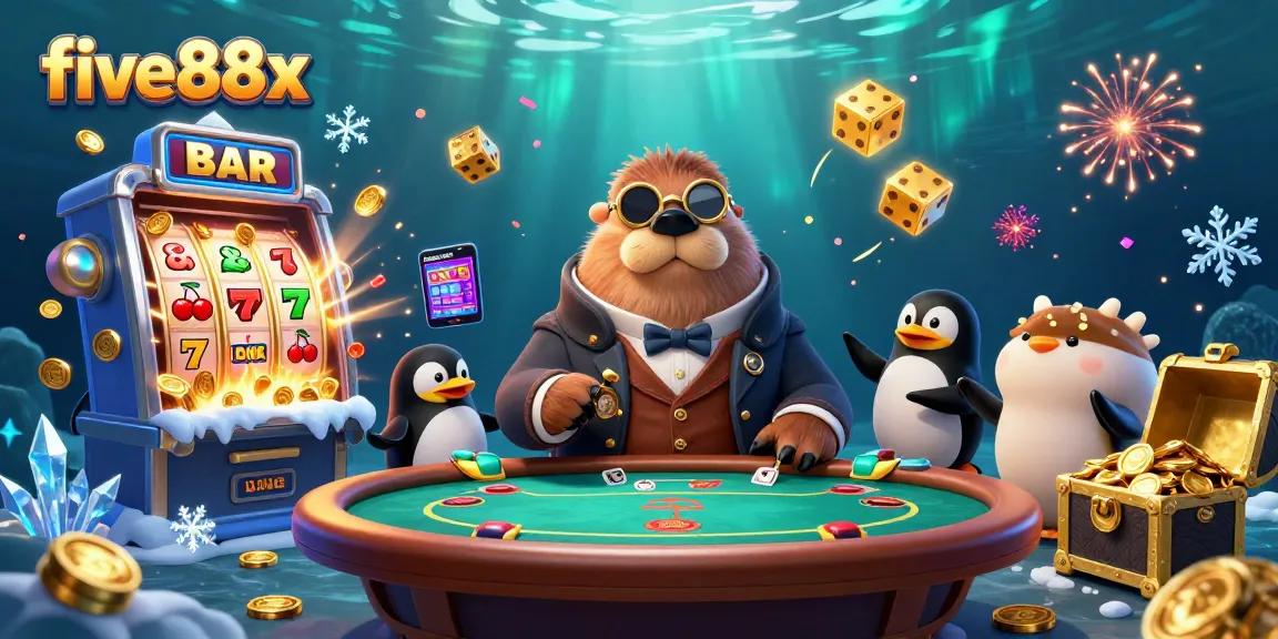Play casino games with five88x at an underwater poker table with animated characters and vibrant jackpot elements.