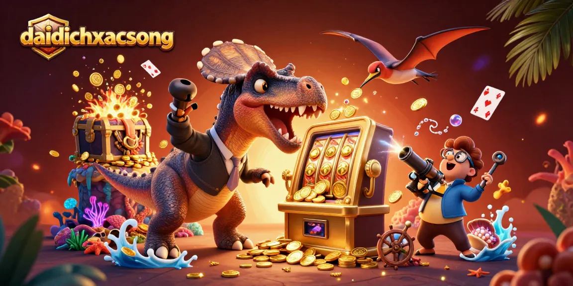 Daidichxacsong engages players with a pachycephalosaurus hitting a slot machine, amidst flying coins and casino elements.