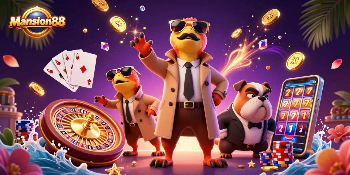 Mansion88 raptors in a trench coat entering a casino, surrounded by spinning roulette and sparkling gems.