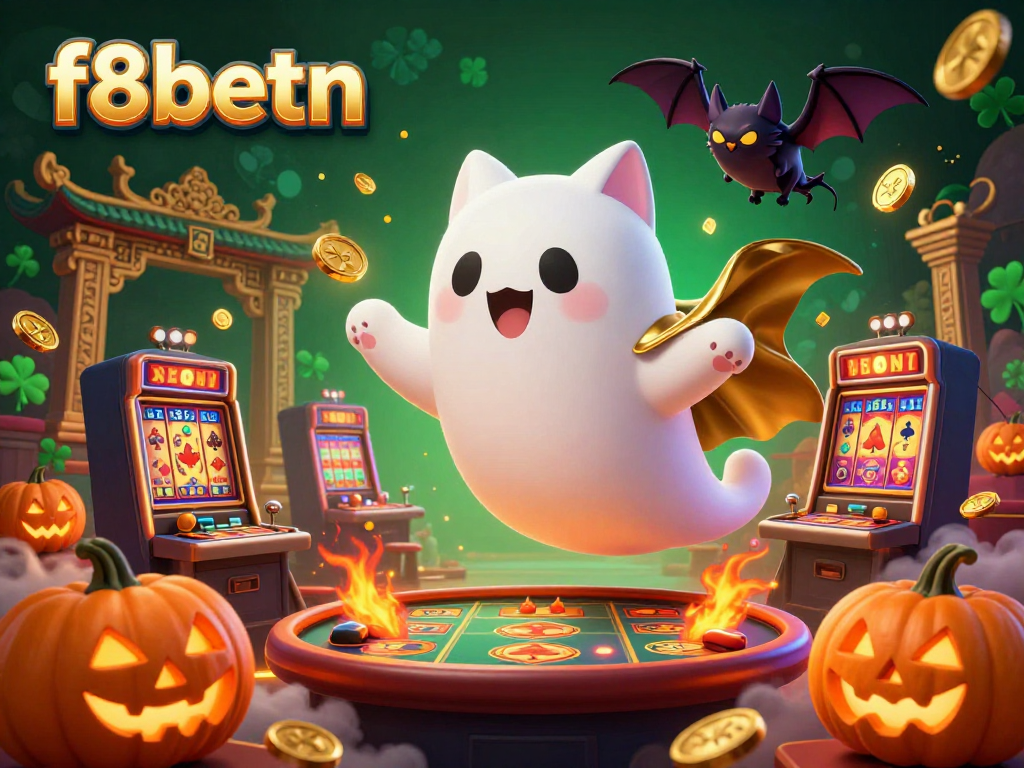 Engage with the vibrant gaming scene of f8betn featuring a ghost cat and vampire bat amid glowing jackpots.