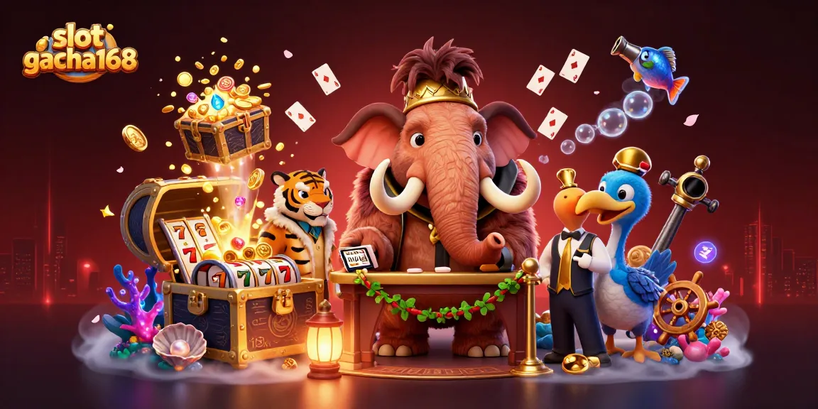 Slot gacha168 showcases vibrant casino scene with mammoth bouncer, tiger guest, and dodo doorman.