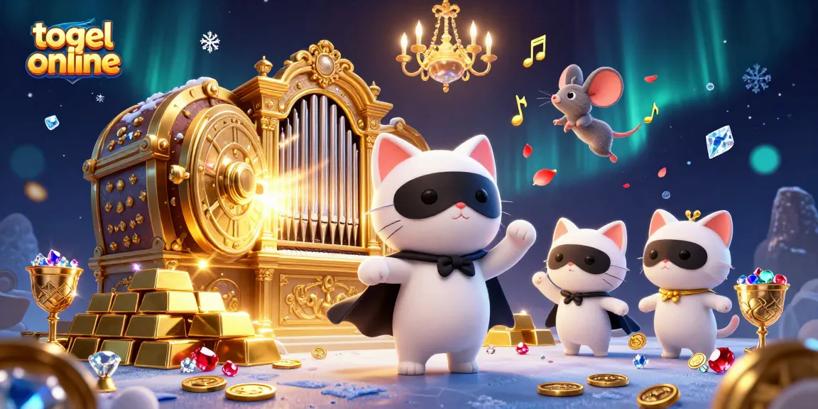 Engage in exciting togel online adventures with a whimsical cat at a casino organ amidst treasure and enchantment