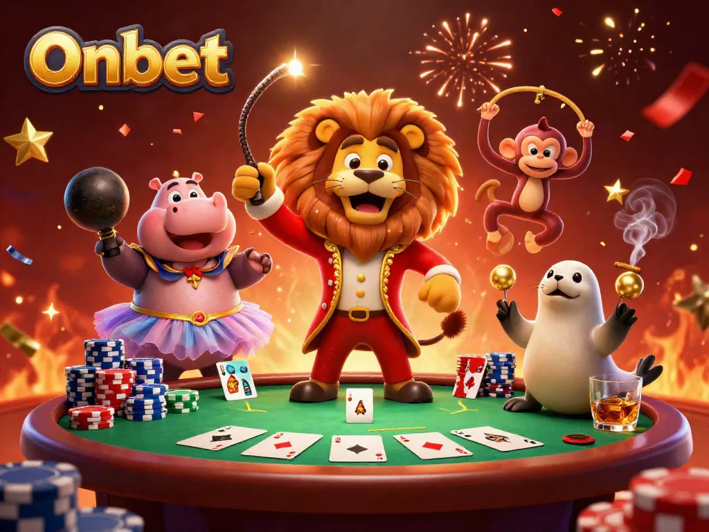 Engage in thrilling poker moments with Onbet's vibrant circus-themed scene, featuring dynamic characters.