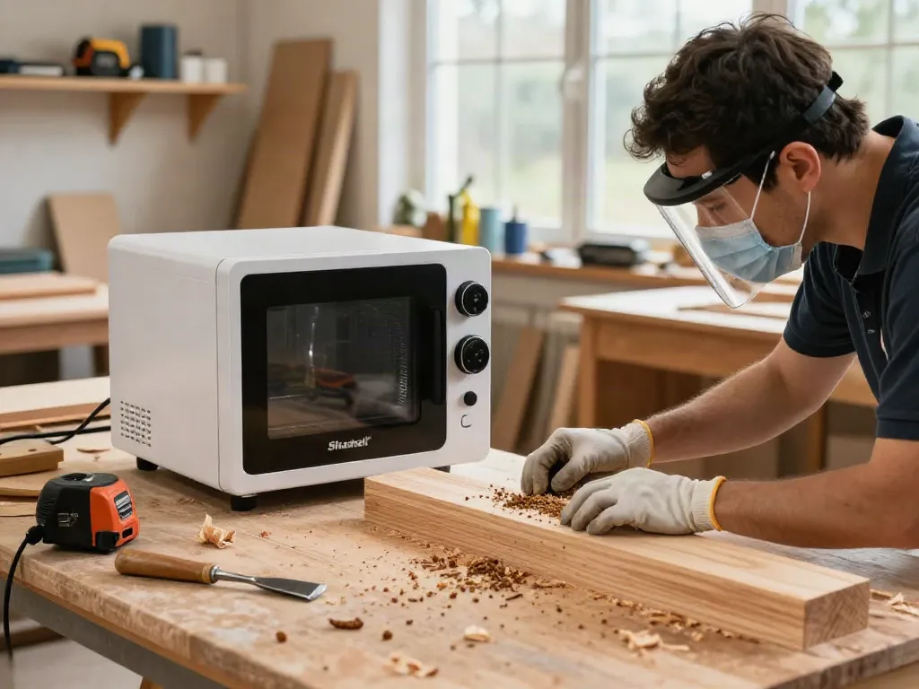 SHASHEL® microwave device in use for wood treatment in home workshop