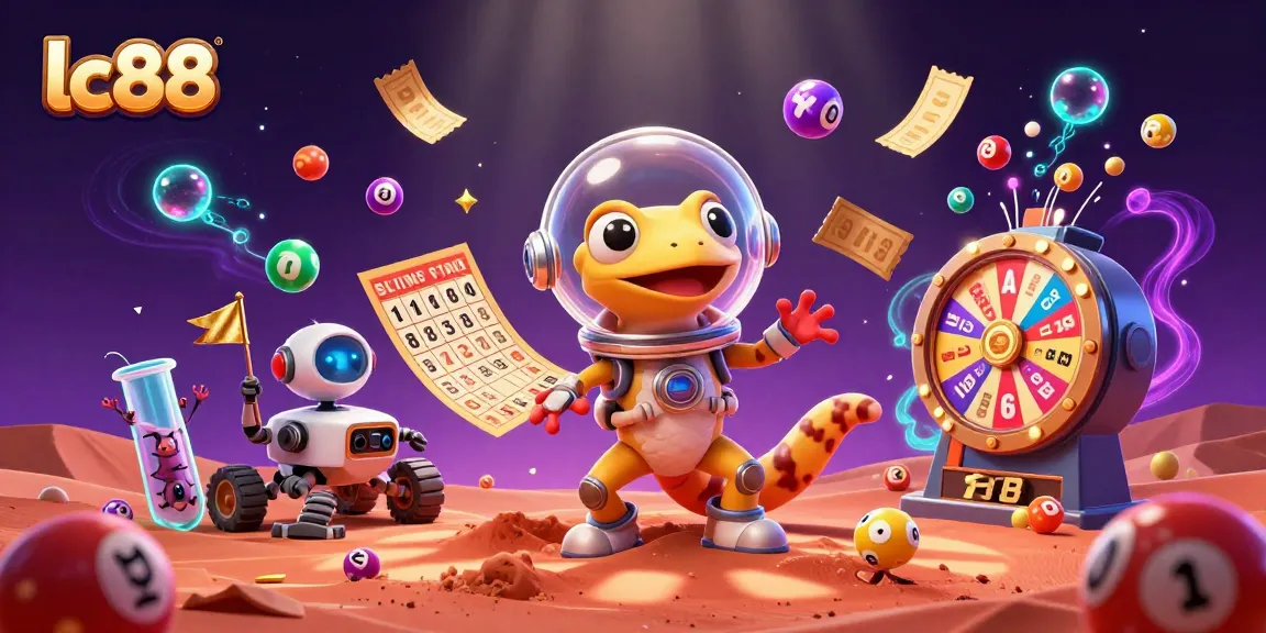 Engage with LC88's Martian gecko uncovering a casino adventure amidst colorful lottery and casino elements.