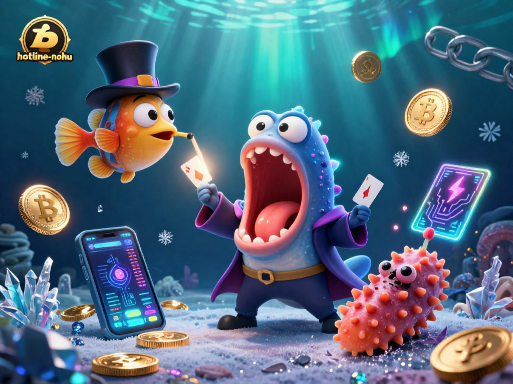 Engage with hotline-nohu's thrilling magic act among neon crypto elements in a vibrant underwater scene.