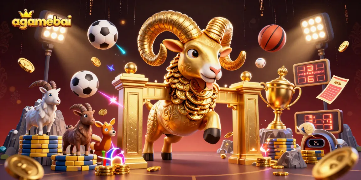 Agamebai features an energetic 3D cartoon illustration with a golden ram amidst dynamic sports elements.
