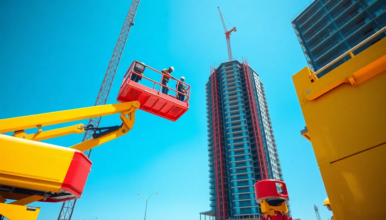 Workers using a cherry picker at a construction site for high access maintenance.
