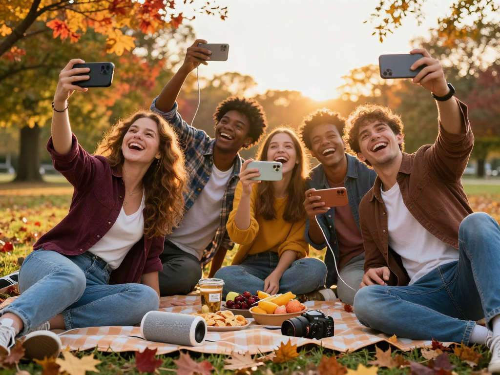 Group of friends enjoying a sunny day in the park while taking selfies to find out how old do I look in a joyful atmosphere.