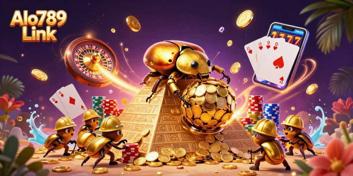 Spin to win at Alo789 Link with golden coins cascading from a beetle rolling winnings up a pyramid.
