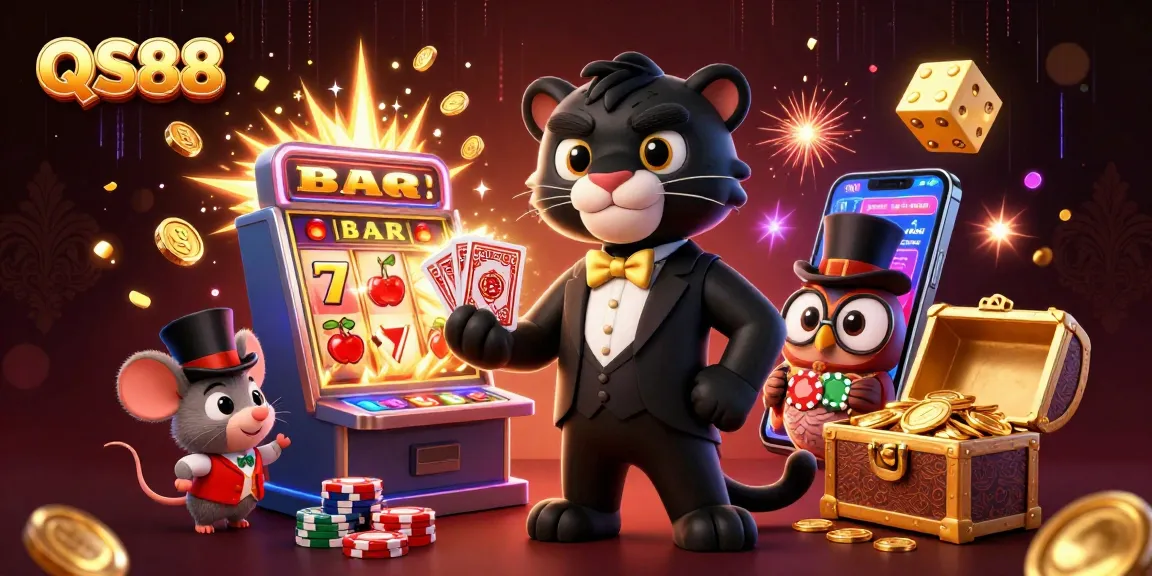 Experience thrilling gaming at QS88 with a stylish panther and fun characters in a vibrant casino scene.
