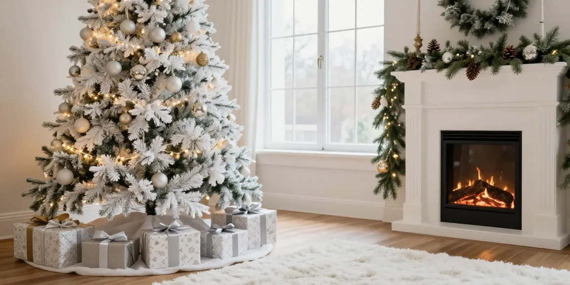 Elegant white Christmas tree adorned with silver ornaments in a cozy living room during the holiday season.
