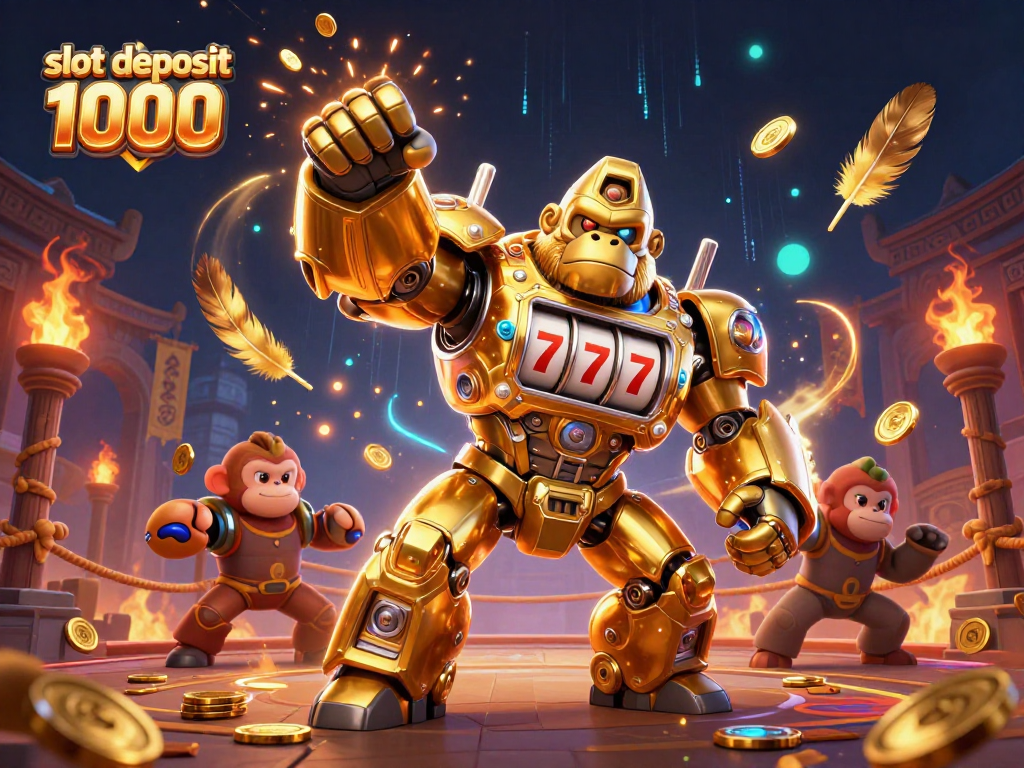 Experience the excitement of slot deposit 1000 with a dynamic golden gorilla mech showcasing thrilling casino features.