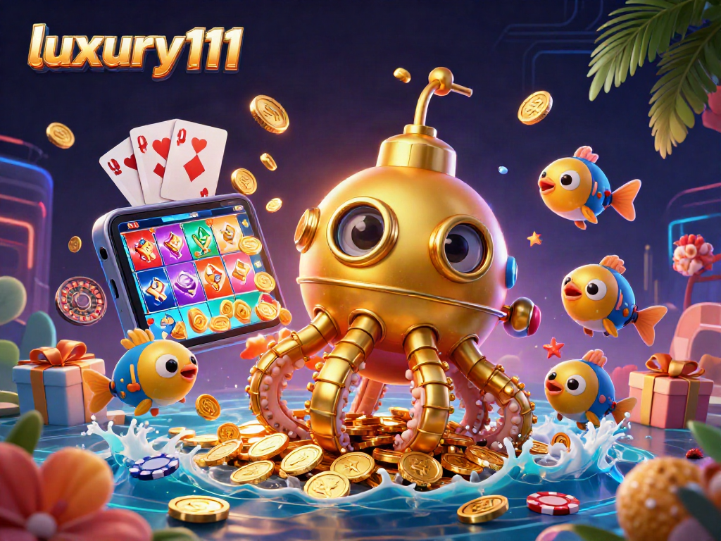 Experience the thrill of luxury111 with a vibrant 3D casino scene featuring a kraken submarine amidst golden coins and slot games.