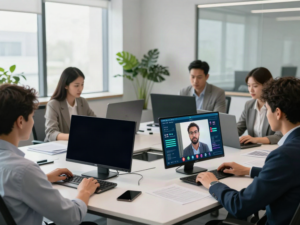Deepfake protected Online Video Calls, Meetings and Conferencing in a professional office setting with a diverse team collaborating