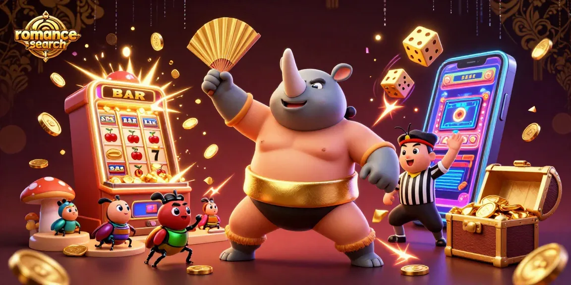 Experience the excitement of romance-search as the heroic beetle champion stomps coins, surrounded by vibrant casino elements.