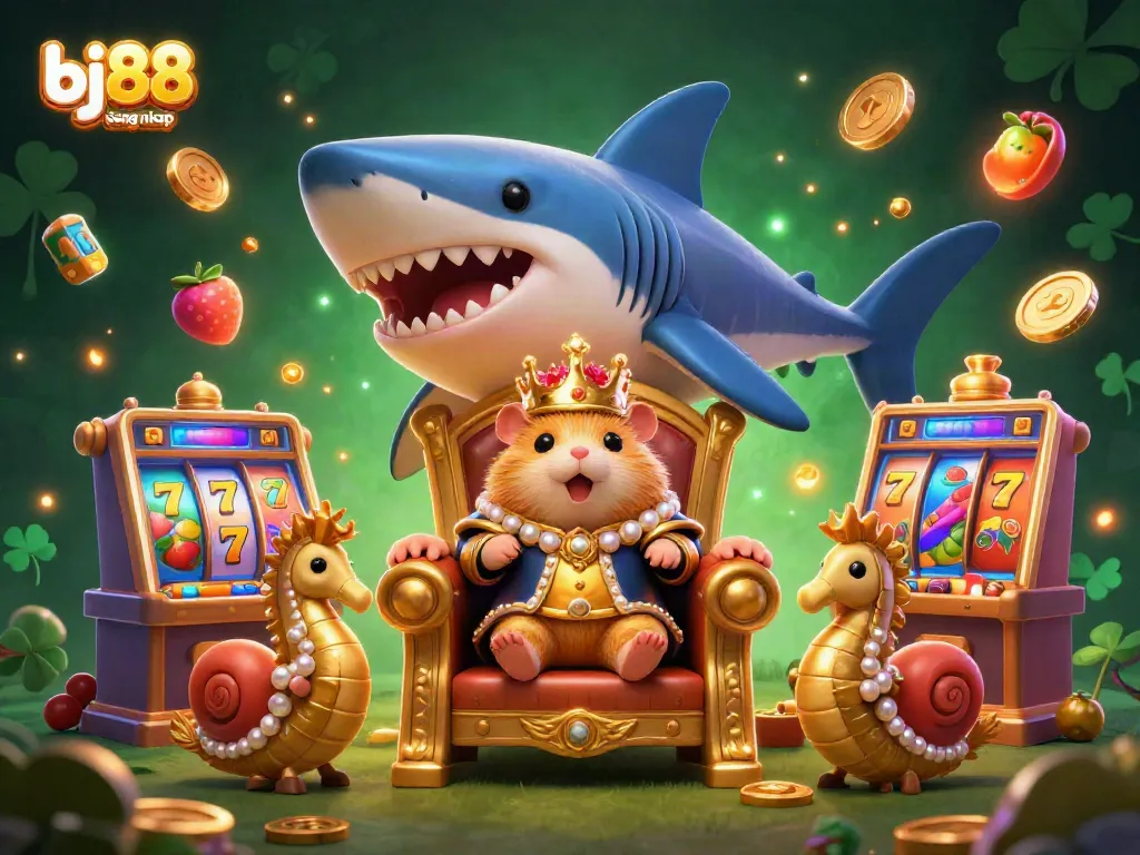 Experience thrilling slots at bj88 dang nhap with a fierce hamster king and vibrant game elements surrounding him.
