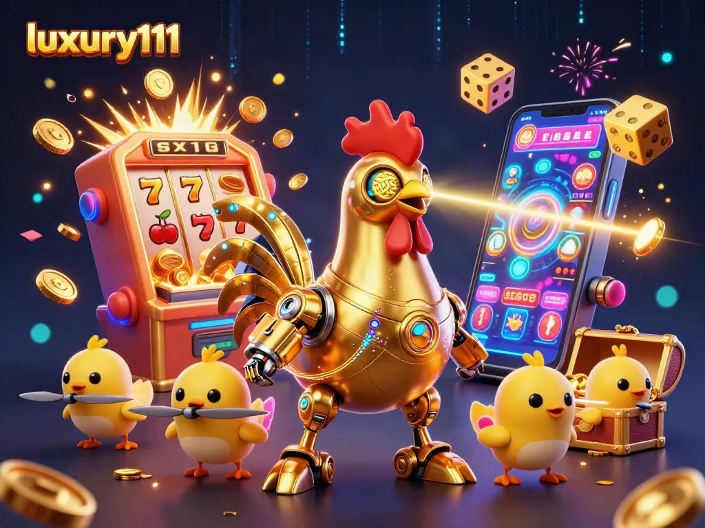 Engage with luxury111's thrilling gaming experience featuring dynamic slot machine action and luminous characters.