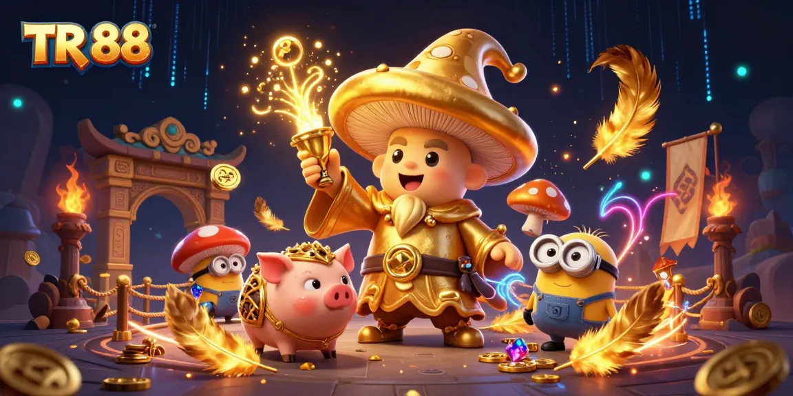 Experience the magic of TR 88 with a golden mushroom wizard and treasure-filled adventure in this vibrant casino illustration.