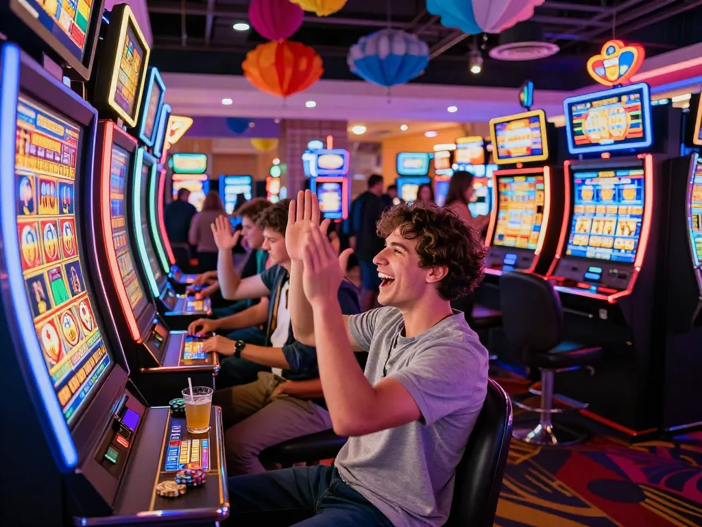 Perayaan kemenangan jackpot oleh pemain slot777 di kasino yang penuh warna.
