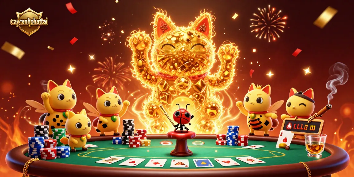 Spin to win with caycanhphattai's vibrant visual of a lucky cat and casino symbols.