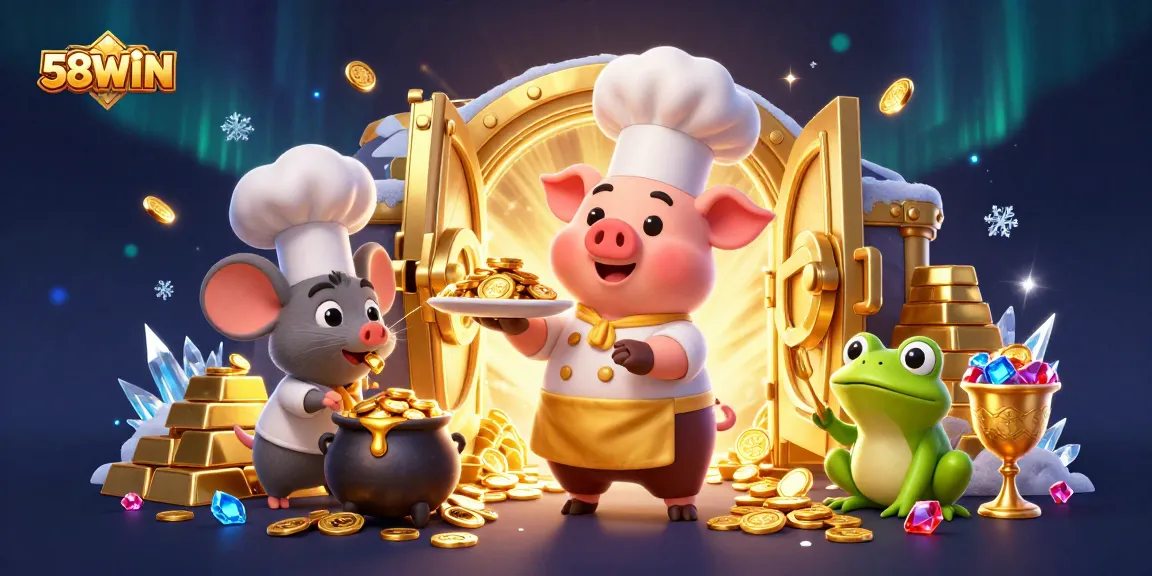 Engage with the vibrant entertainment of 58WIN, showcasing a chef pig and treasure in a rich casino atmosphere.